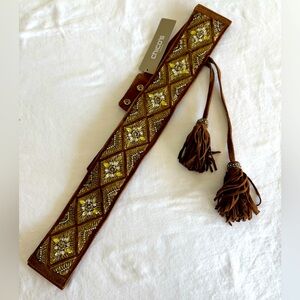 CHICO’S Brown and Gold Sueded Beaded Belt - NEW w/ Tags - Large